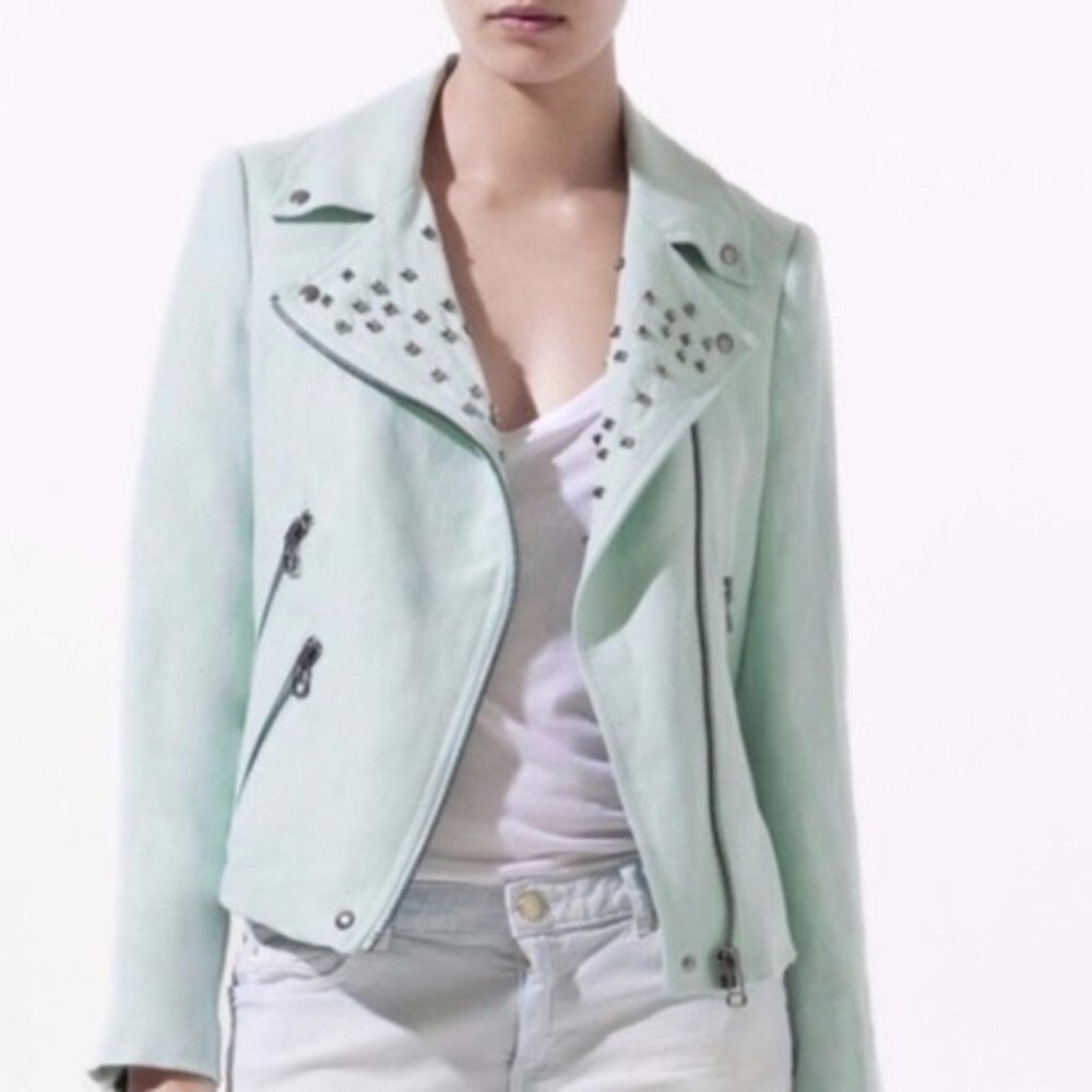 Zara Mint Green Silver Studded Moto Jacket Size S